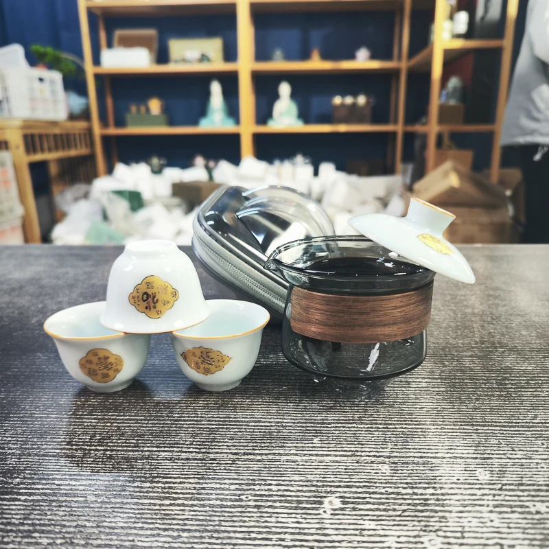 鎏金福字黑武士玻璃一壶三杯悬停盖旅行茶具A5428