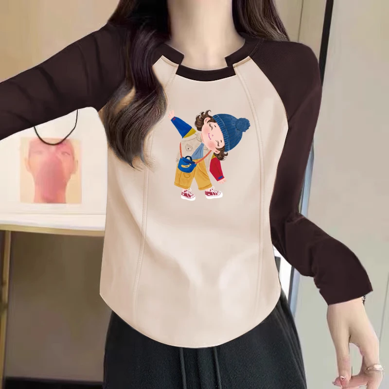 小众圆领春秋季新款正肩别致爆款长袖T恤拼色插肩袖气质百搭上衣