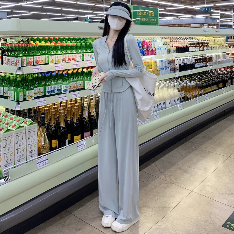 拉夏贝尔冰丝防晒套装女2025夏季薄款防晒运动服高腰垂感阔腿裤子