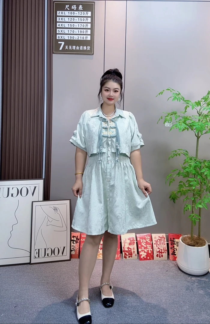 佳奇家夏季中国风盘扣流苏刺绣大码连衣裙不褪色高腰松紧腰短袖