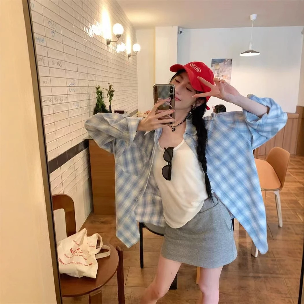 蓝灰白格子防晒衬衫外套女春秋季2025款开衫衬衣chic气质法式上衣