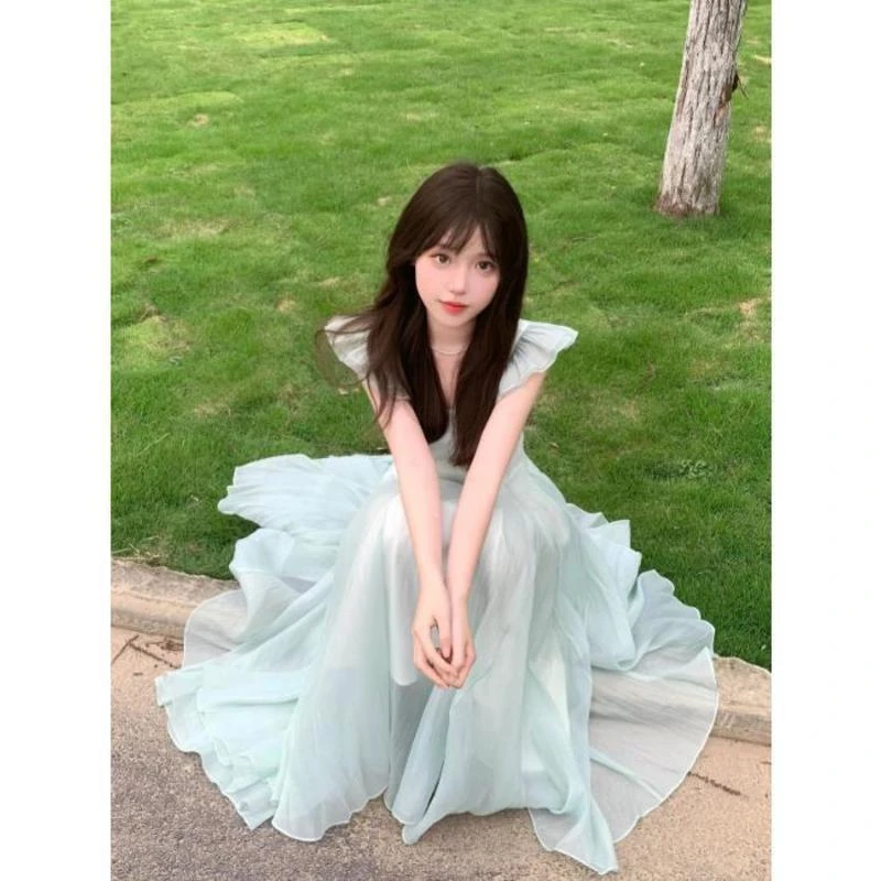 法式浪漫优雅气质长款飞袖连衣裙女夏季新款收腰气质超仙气仙女裙