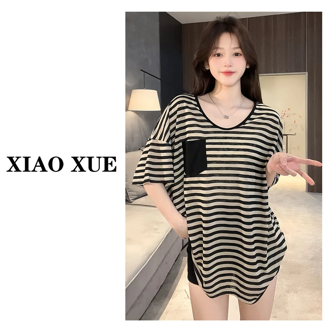 【口袋条纹】慵懒宽松设计感薄款春夏短袖T恤女