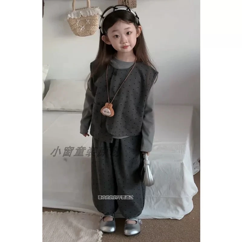 【送玩偶】25女童套装新款儿童森系拼接开衫阔腿裤三件套