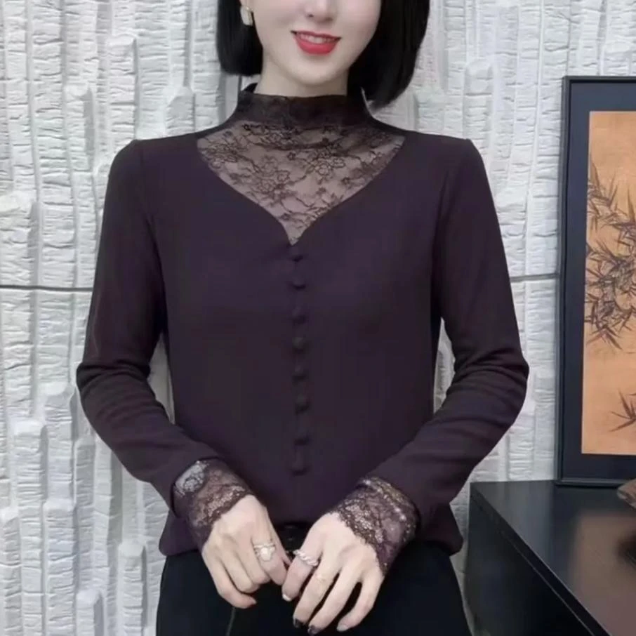 高贵紫色双面绒长袖t恤女半高领蕾丝拼接冬季新款遮肚子上衣女装