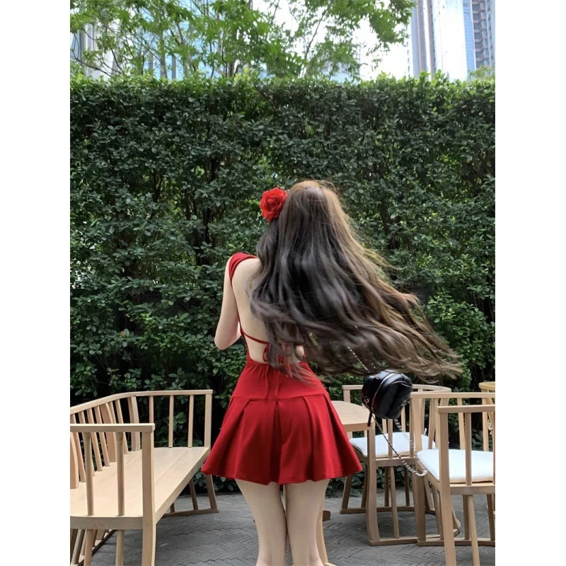 纯欲露背绑带修身吊带连衣裙女夏季小个子辣妹显瘦U领长裙a字裙子