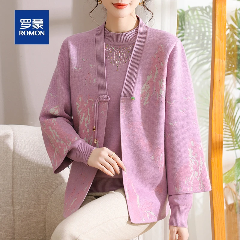 罗蒙气质新中式妈妈春秋装针织开衫外套女新款两件套中老年上衣