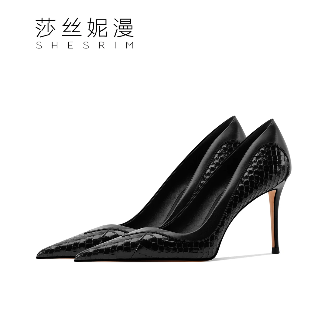 F146-高跟鞋性感蛇纹漆皮镜面2025春秋新款尖头浅口细跟拼接单鞋