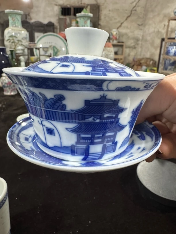 景德镇人民瓷厂青花梧桐三才盖碗150毫升