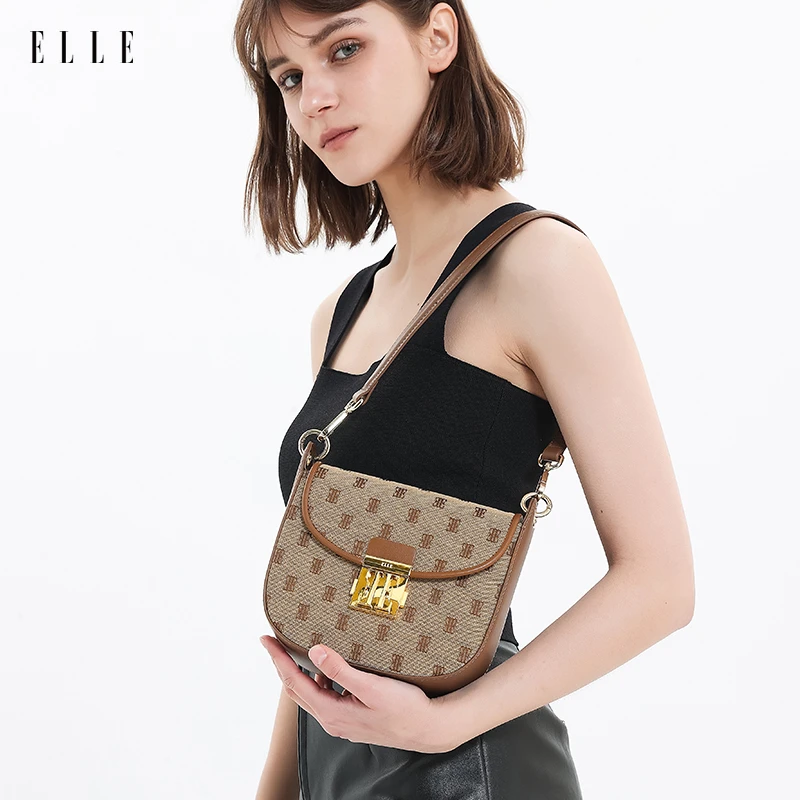 ELLE新款老花马鞍包单肩时尚休闲小众印花腋下包46011