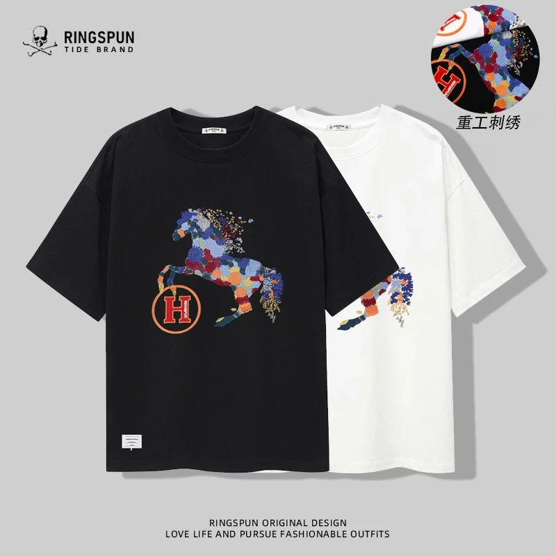 RINGSPUN【H彩马】夏季新款纯棉280g短袖重工刺绣男士半袖T恤潮