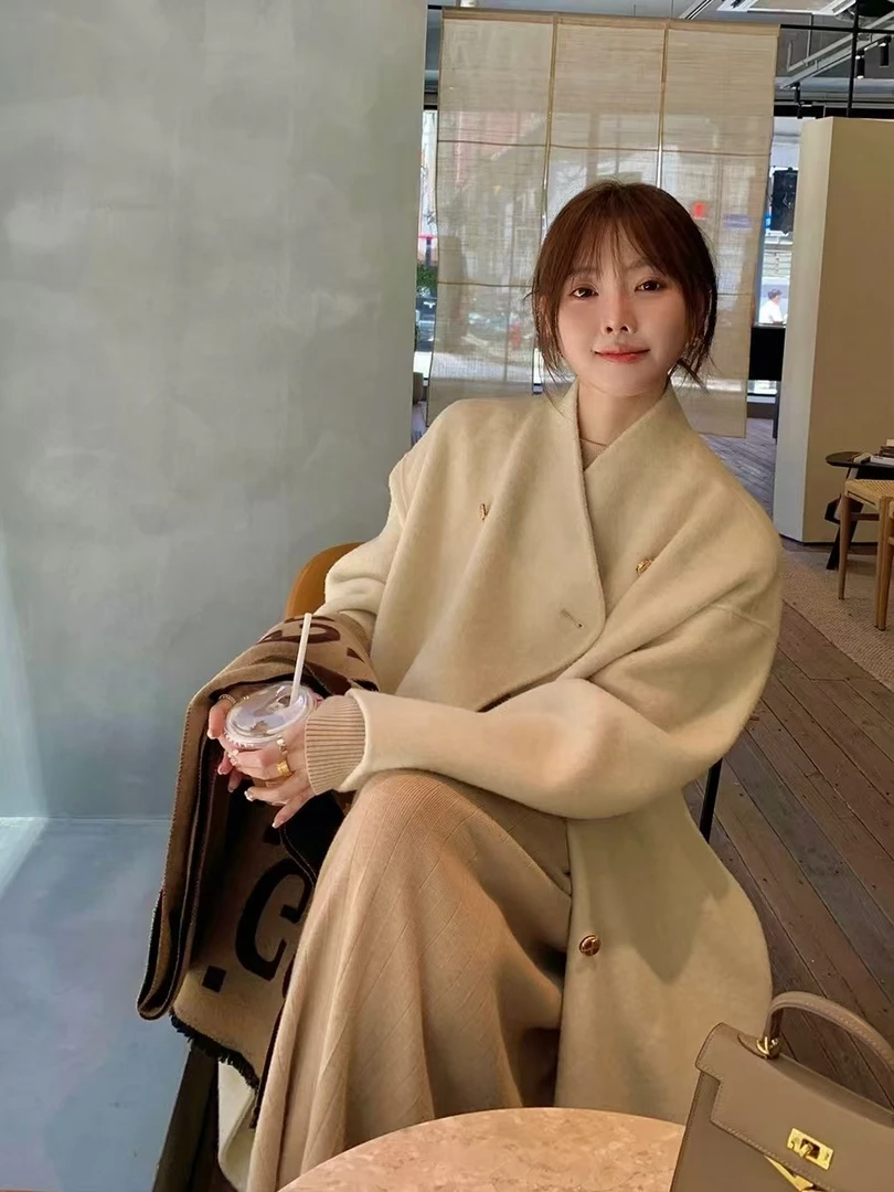 春季2025新高级感双面羊毛大衣中长款小个子慵懒宽松气质外套女