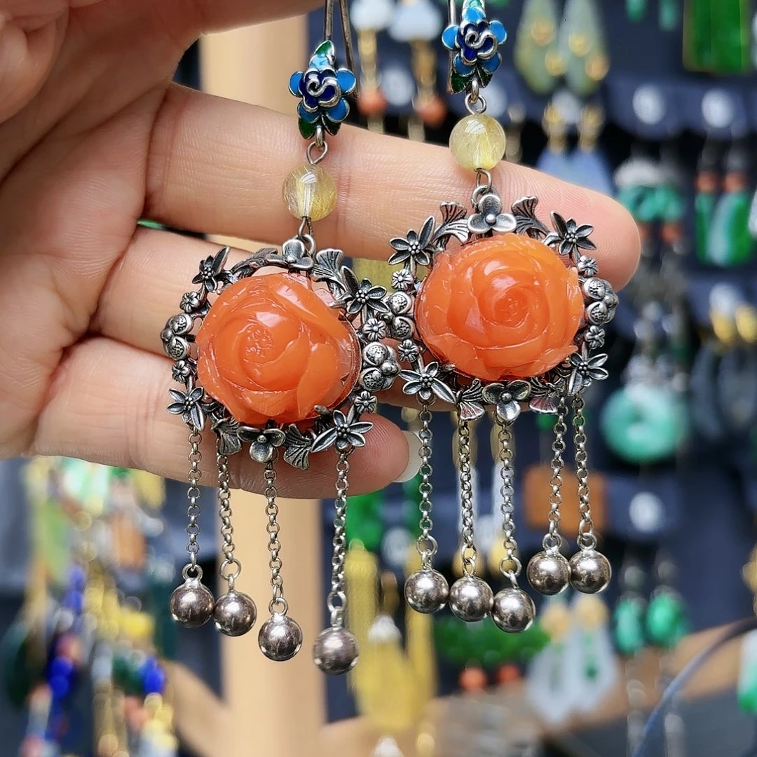 拽***拽南红玛瑙银S925镶嵌耳饰