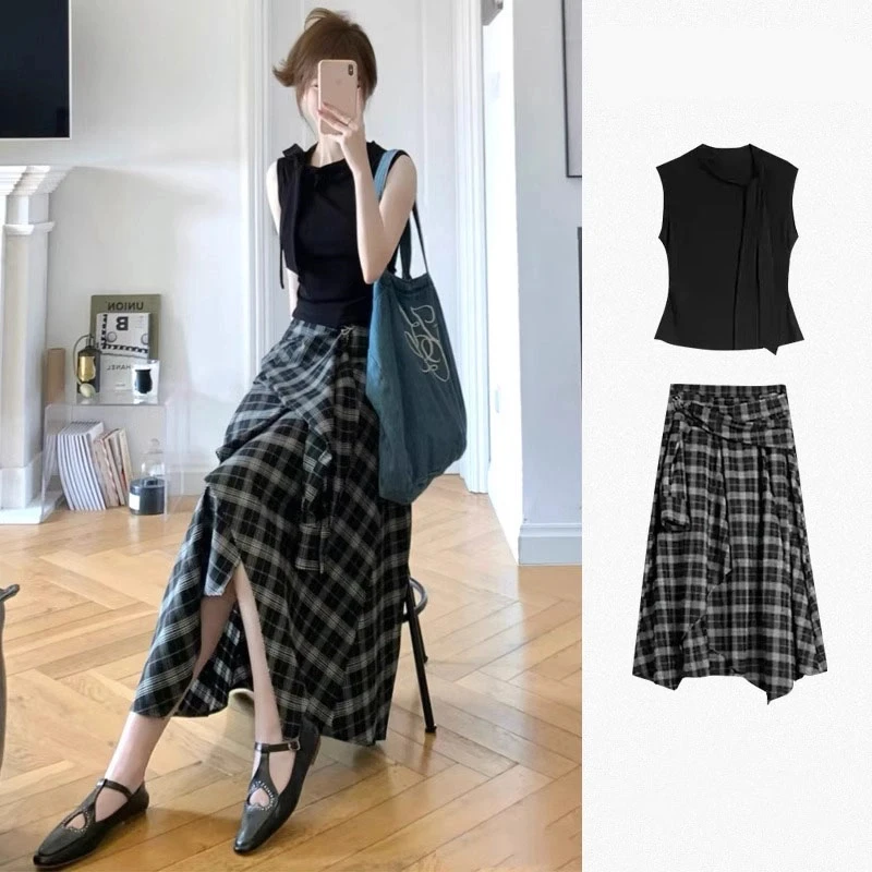 黑色不规则无袖绑带上衣格纹高腰半身裙女夏法式气质穿搭两件套装