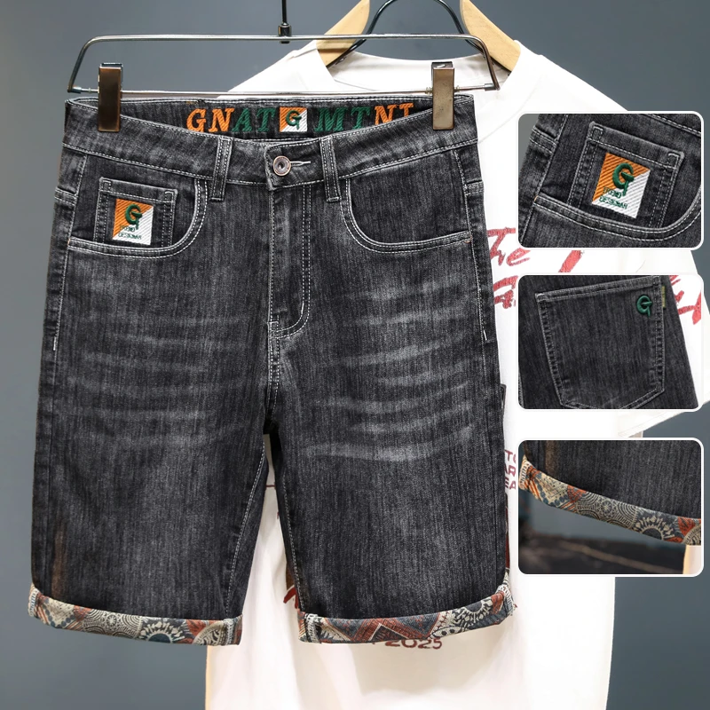 潮流牛仔短裤男款夏季薄款五分裤刺绣印花弹力宽松直筒裤夏天中裤