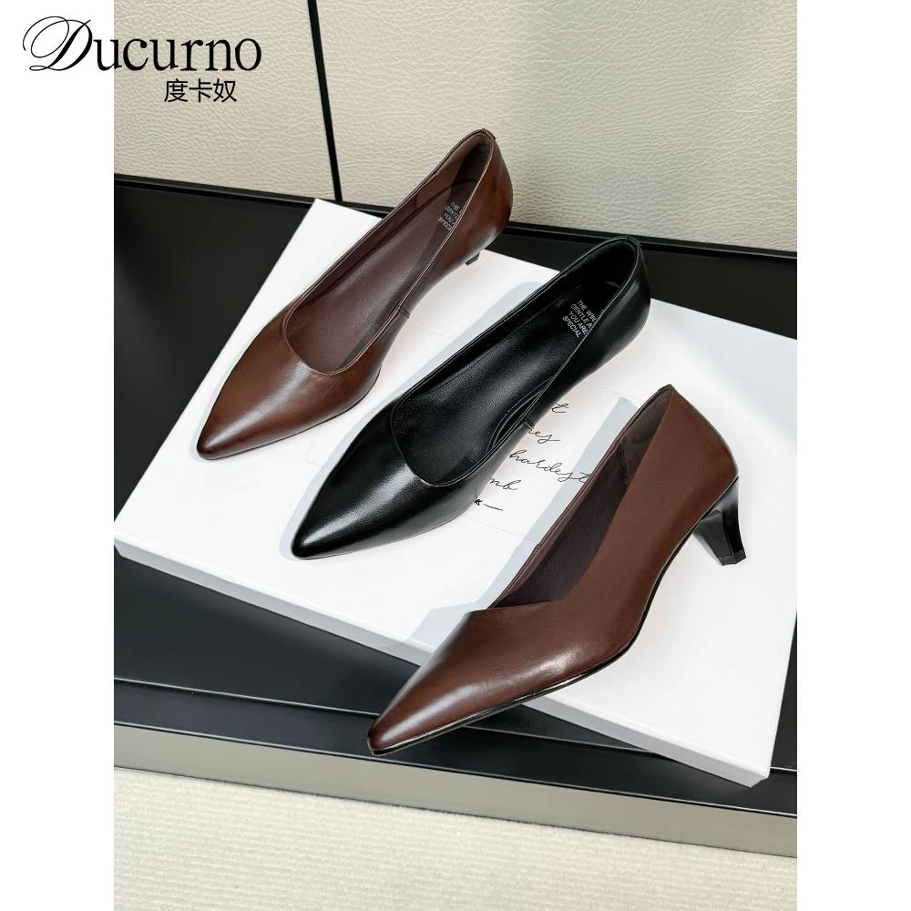 DUCURNO通勤百搭尖头粗跟浅口单鞋女真皮简约气质不累脚职业鞋子