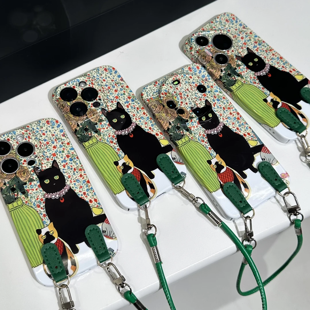 奥菲顿碎花黑猫绿挂绳适用苹果16菲林手机壳华为P70vivoppo小米15