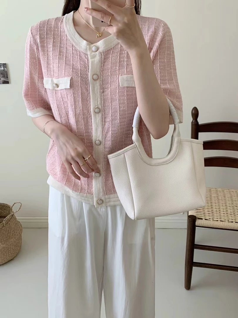 圆领毛针织衫格子针织开衫百搭开衫复古针织衫宽松小众