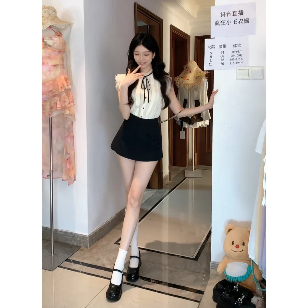 甜美木耳花边立领衬衫女夏短袖设计感系带蝴蝶结飞飞袖上衣套装