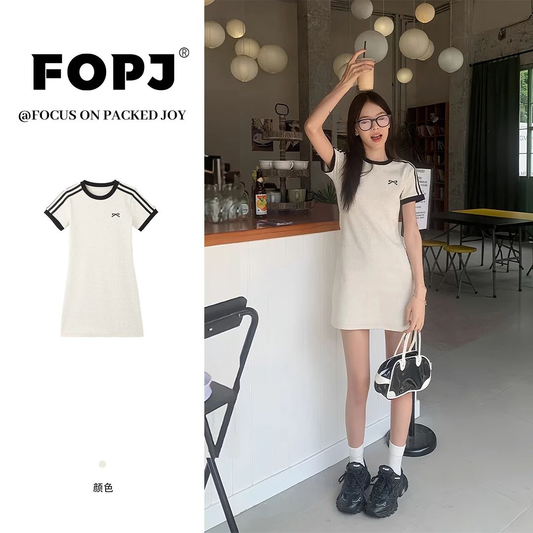 FOPJ夏季新款蝴蝶结条纹短袖连衣裙女法式时尚小个子收腰包臀短裙