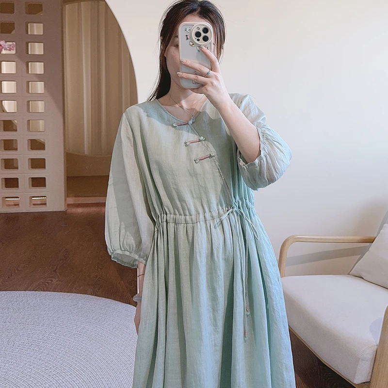 【宁静致远】夏季原创国风设计苎麻V领盘扣收腰显瘦连衣裙 51760