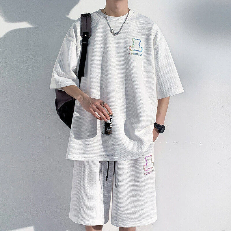 2025夏季新款港风男士大码短袖T恤套装运动休闲时尚百搭宽松学生
