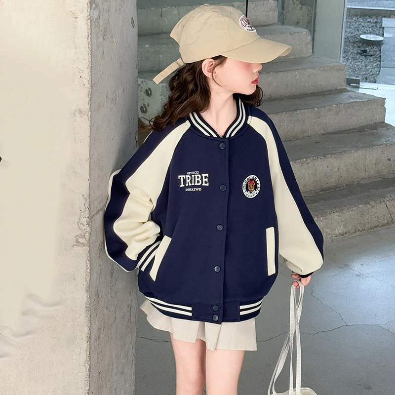女童春秋拼色棒球服2025新款儿童洋气圆标上衣中大童时髦休闲外套
