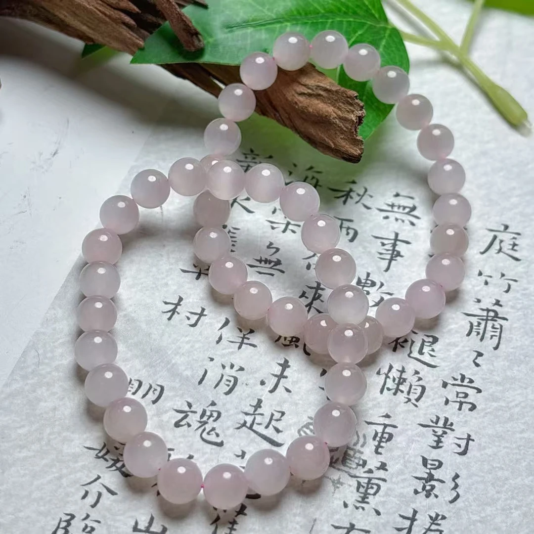 《铁头老猪》HTC-013和田玉藕粉猫眼圆珠素圈手串约8mm多样性发其一