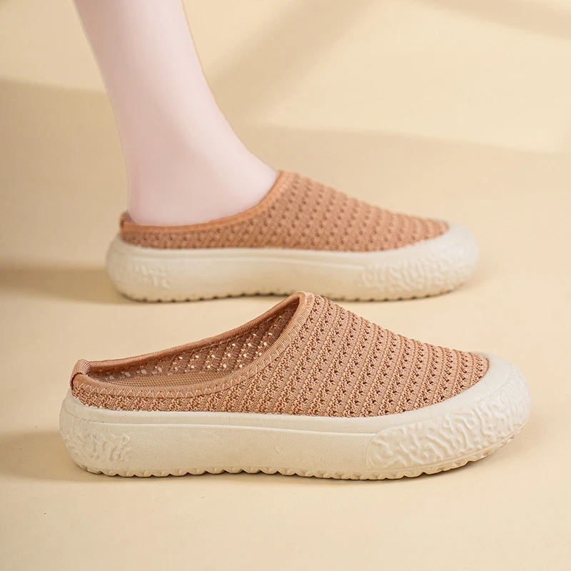 2025夏季新款老北京布鞋女一脚蹬飞织网面透气外穿半拖厚底渔夫鞋