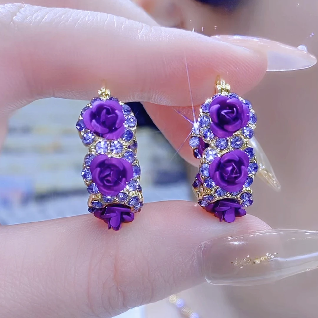 铜合金合成锆石耳饰 精美百搭优雅小众玫瑰耳圈