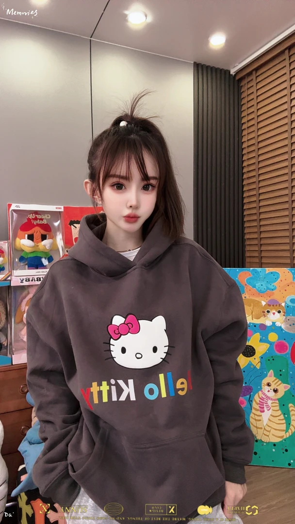 【王小小9701】KT猫连帽口袋加绒加厚连帽卫衣灰色冬款休闲百搭