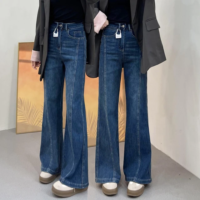 复古蓝微喇牛仔裤女2025春季新款大码胖mm高腰显瘦弹力马蹄喇叭裤