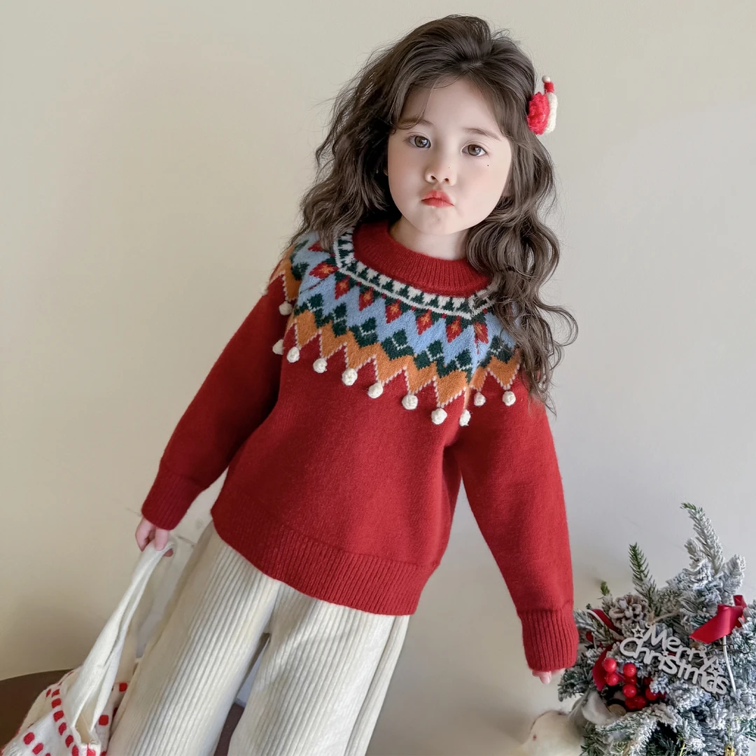 女童圣诞节日毛衣儿童时髦洋气针织衫小女孩宝宝秋冬装2025新款潮