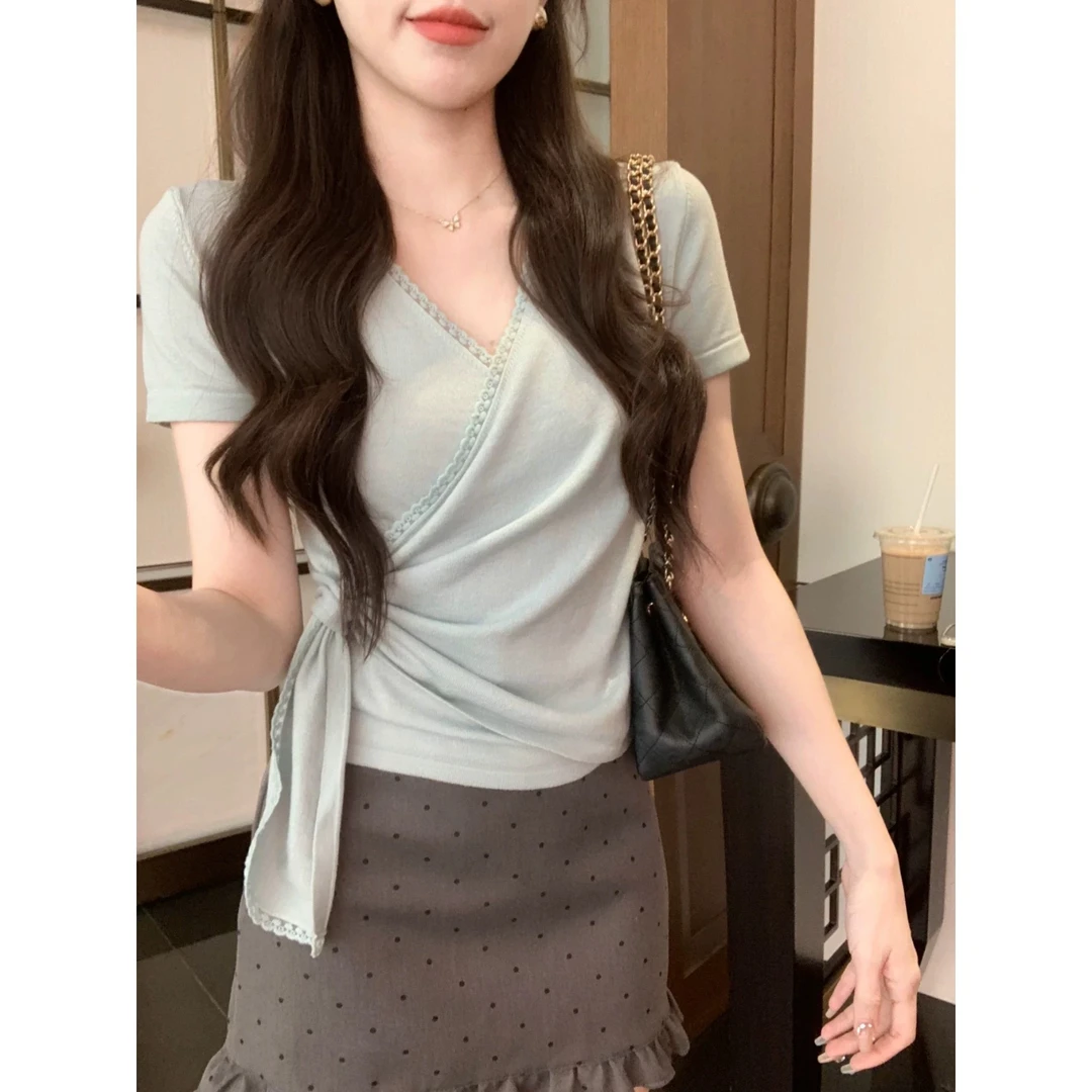 【如如】大码不规则v领正肩t恤短袖女夏季遮肚子显瘦纯欲辣妹上衣