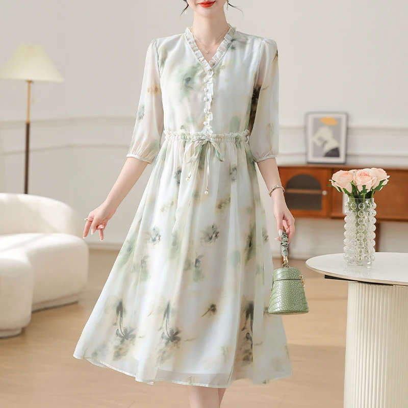 气质优雅木耳边拼接洋气印花连衣裙2025夏季新款收腰显瘦减龄裙子