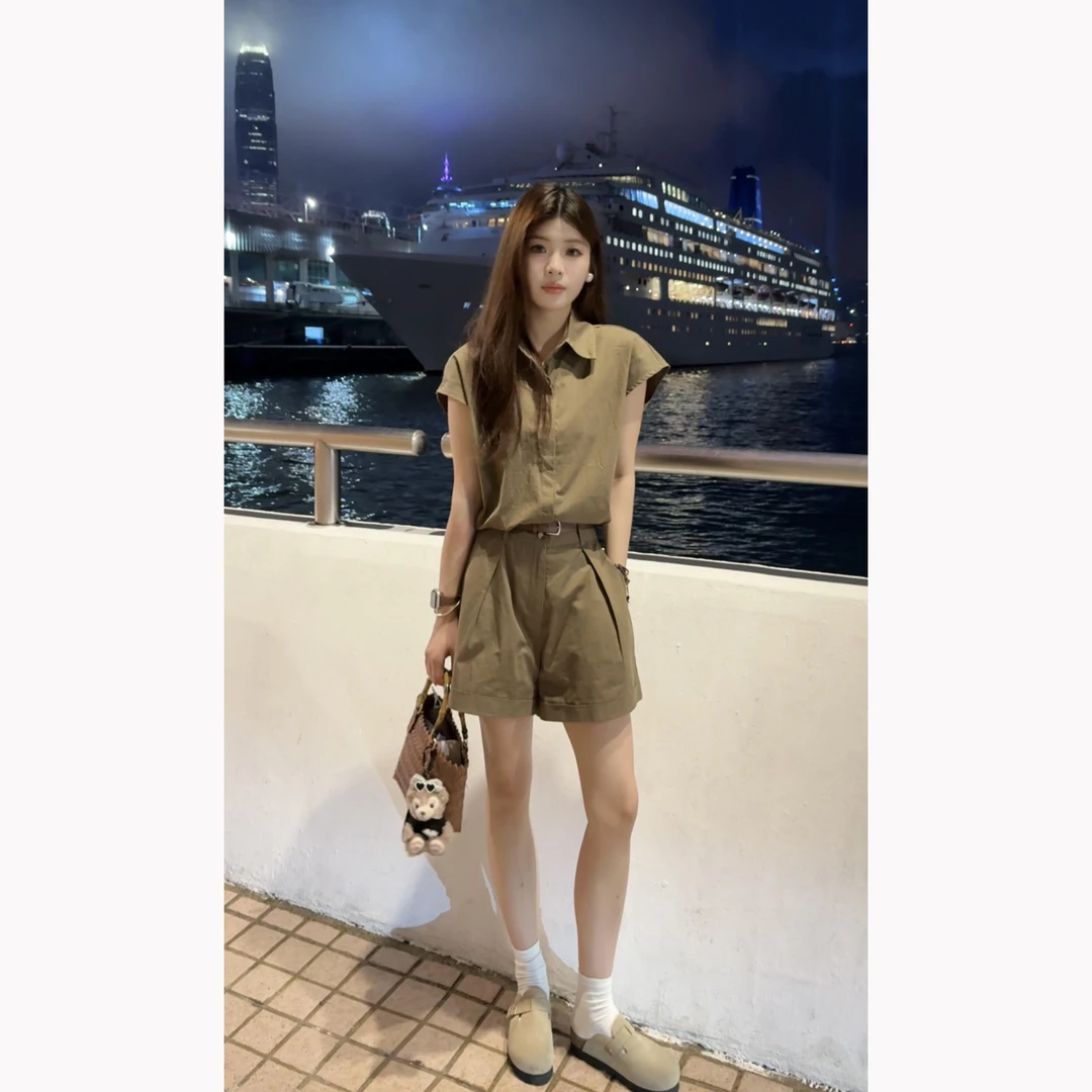 新2【YUKI】老钱风简约坎肩衬衫+直筒短裤套装夏季显瘦气质网红爆款