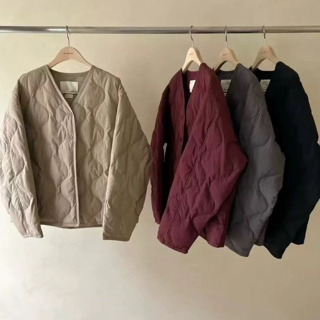 self service25年秋冬季保暖百搭宽松菱格V领轻薄款羽绒服外套女