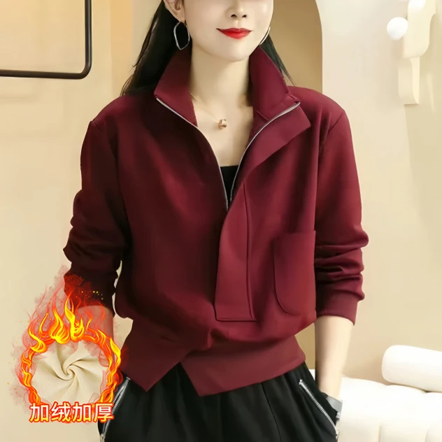 冬季新款德绒加绒加厚保暖卫衣女时尚纯色口袋拼接拉链长袖上衣女