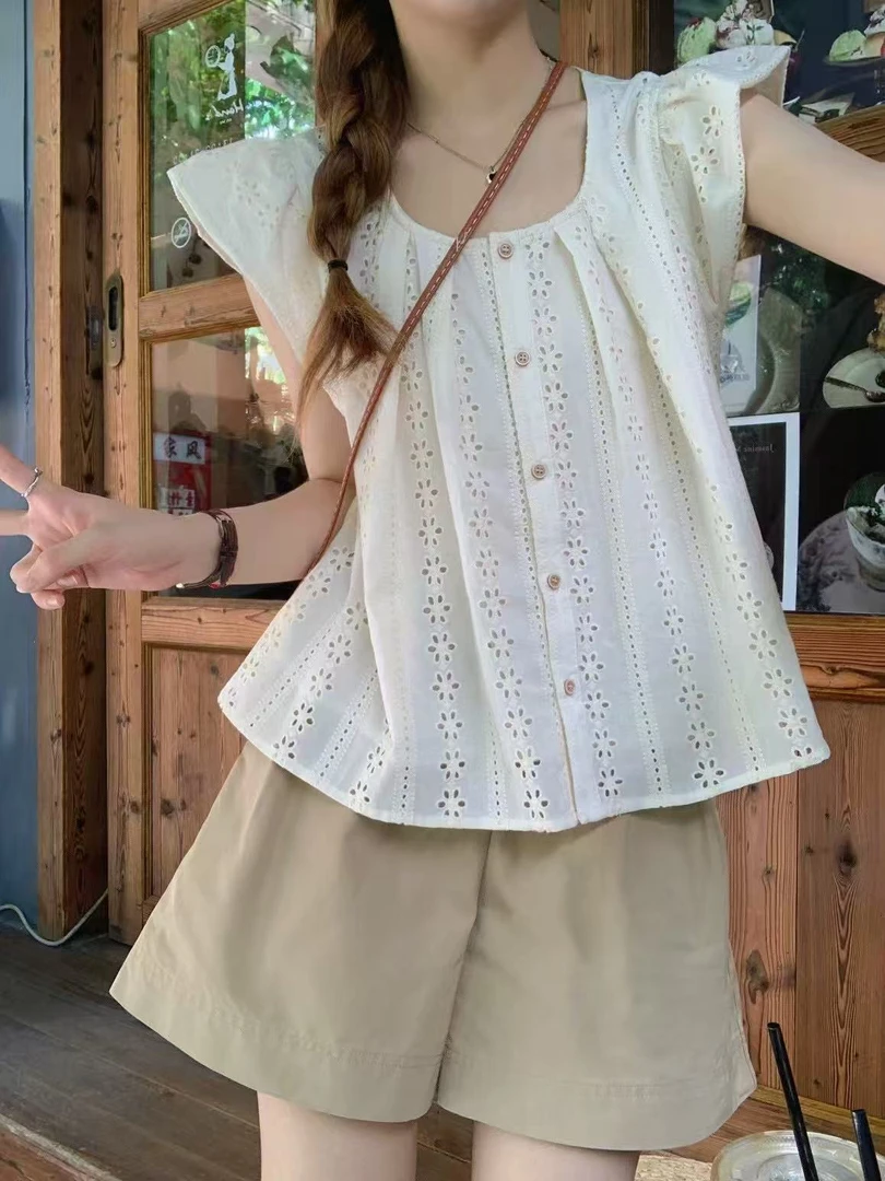 夏季无袖法式拼色镂空拼接衬衫气质提花网红度假风百搭时尚上衣女