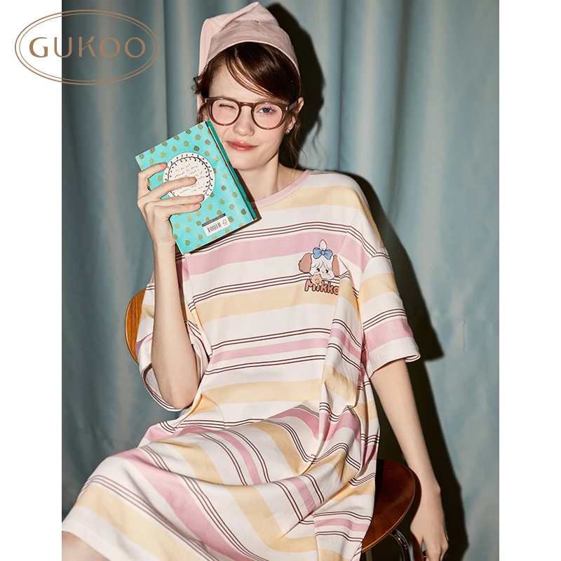 【Gukoo果壳】牛奶丝条纹睡裙系列休闲时尚宽松圆领夏季家居服睡衣