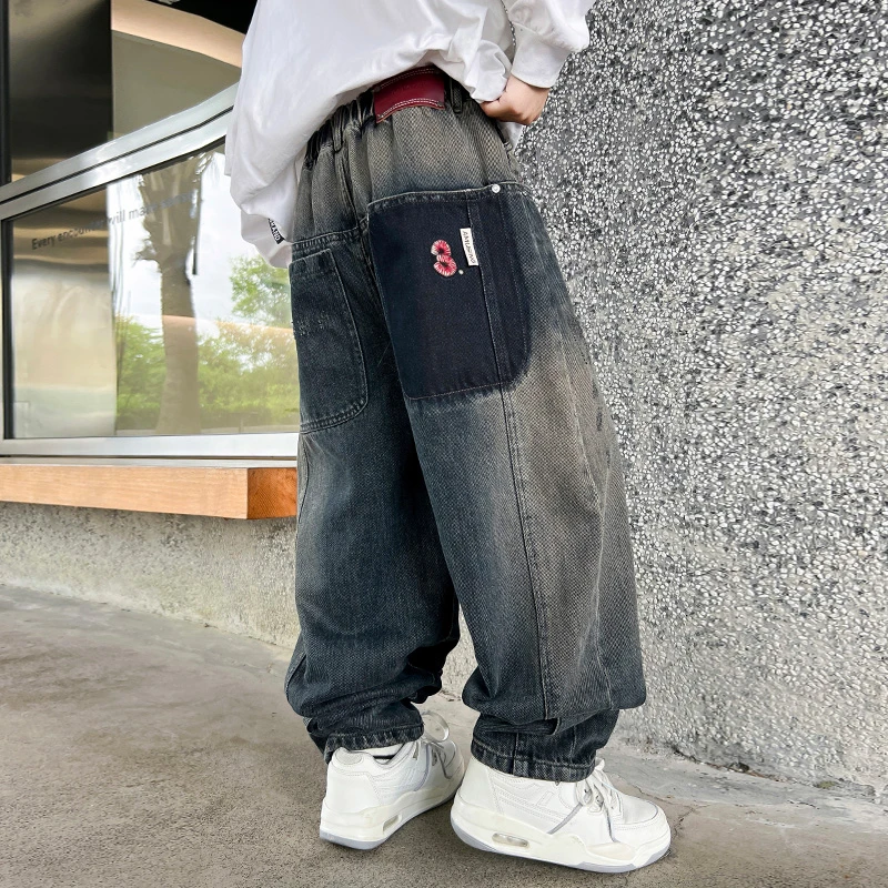 男童牛仔裤2025春秋季青少年拼缝刺绣3宽松男孩潮牌直筒裤韩版裤