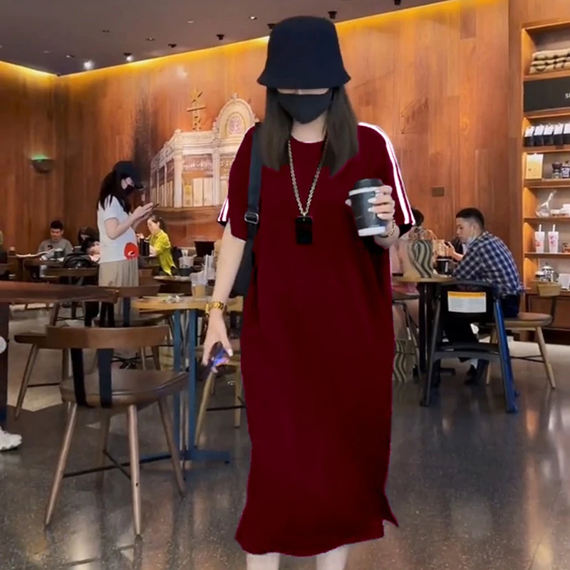 2025新款时尚高级感红色欧货短袖连衣裙夏季宽松显瘦T恤长款裙女