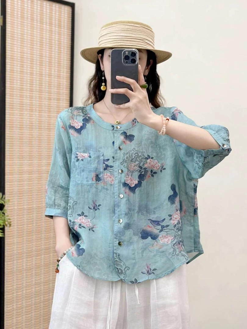 新中式国风苎麻印花盘扣刺绣衬衫夏季宽松文艺复古上衣