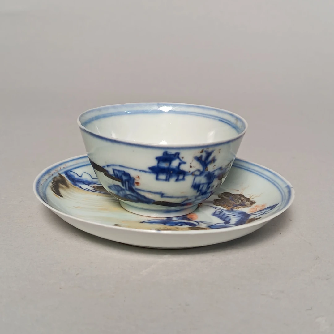 【010021906】清康熙 青花加彩山水杯盘一套