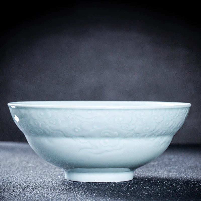 云享影青9英寸大汤碗景德镇高白泥浮雕祥云高颜值碗纯色高级感