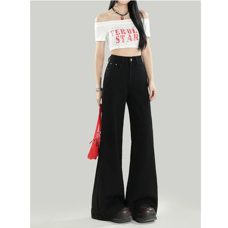 雪千羽黑色微喇牛仔裤女秋季新款梨形小个子弹力高质感宽松喇叭裤