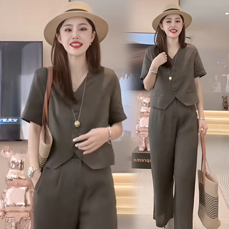夏季气质套装法式复古风v领单排扣短袖衬衫松紧腰阔腿裤两件套女