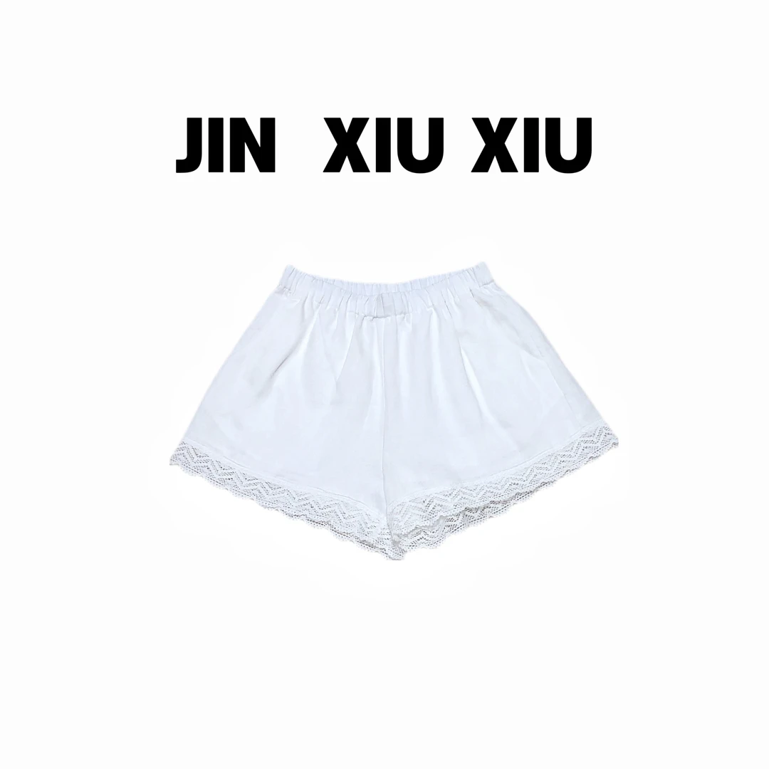 JINXIUXIU夏季新款蕾丝拼接百搭显瘦休闲镂空松紧腰纯白色短裤195