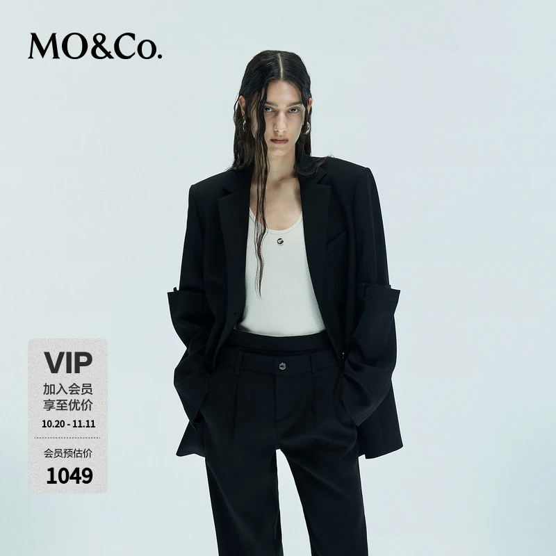 MOCO西装绵羊毛精纺黑色中性垫肩设计感拼接长袖外套MBD3BLA008