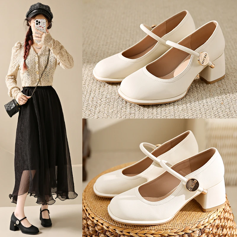 时尚增高金币一字扣带小皮鞋女2025春季新款百搭不累粗跟高跟鞋